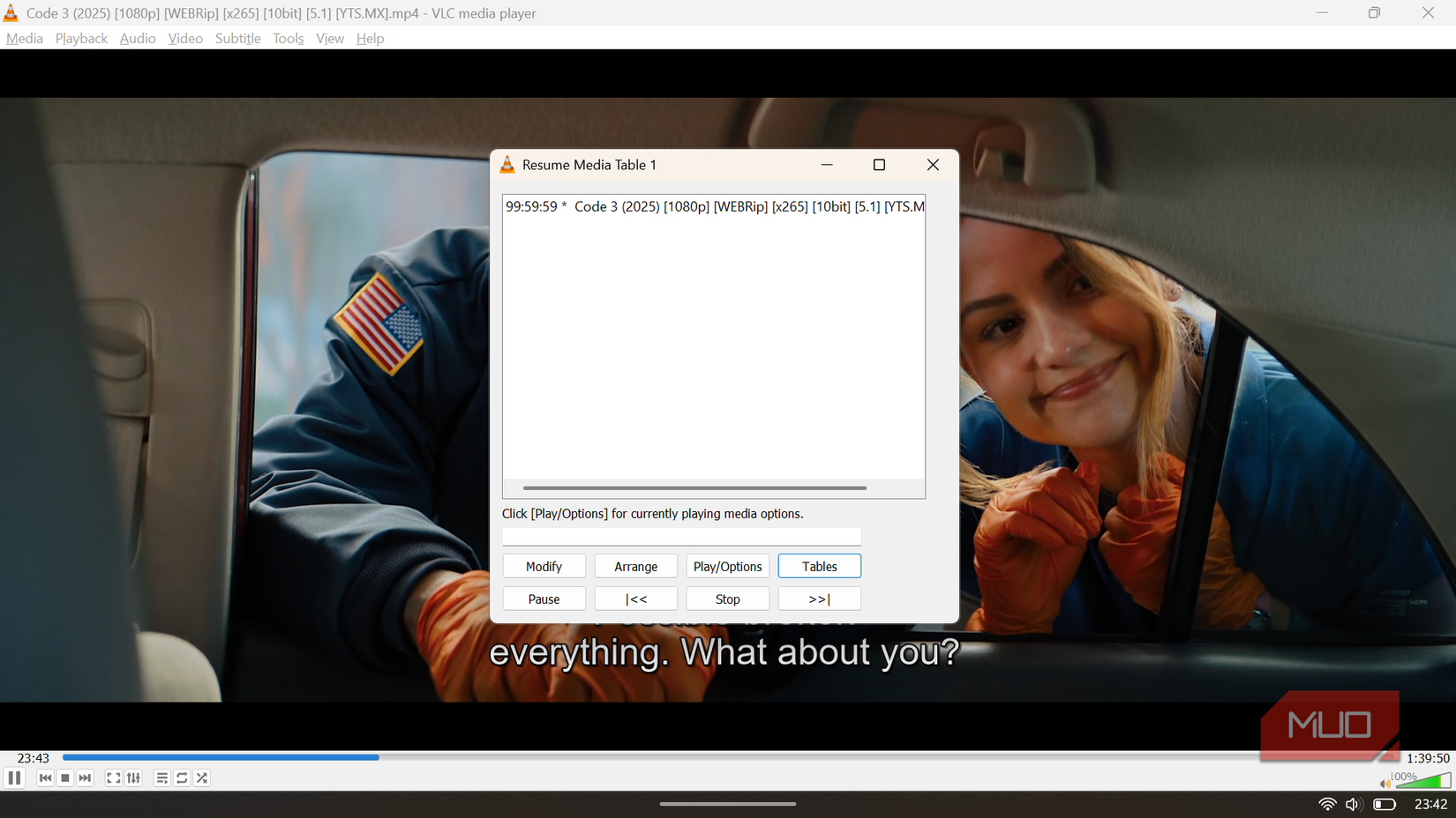 VLC player overlay showing the Resume Media Table extension dialog box.