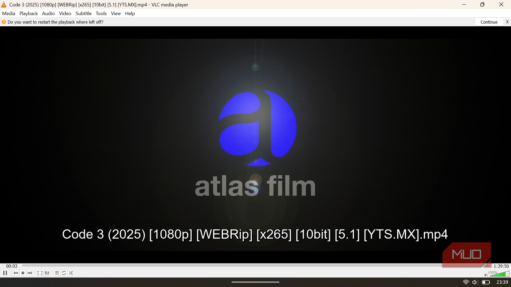 VLC player with the native continue playback prompt.