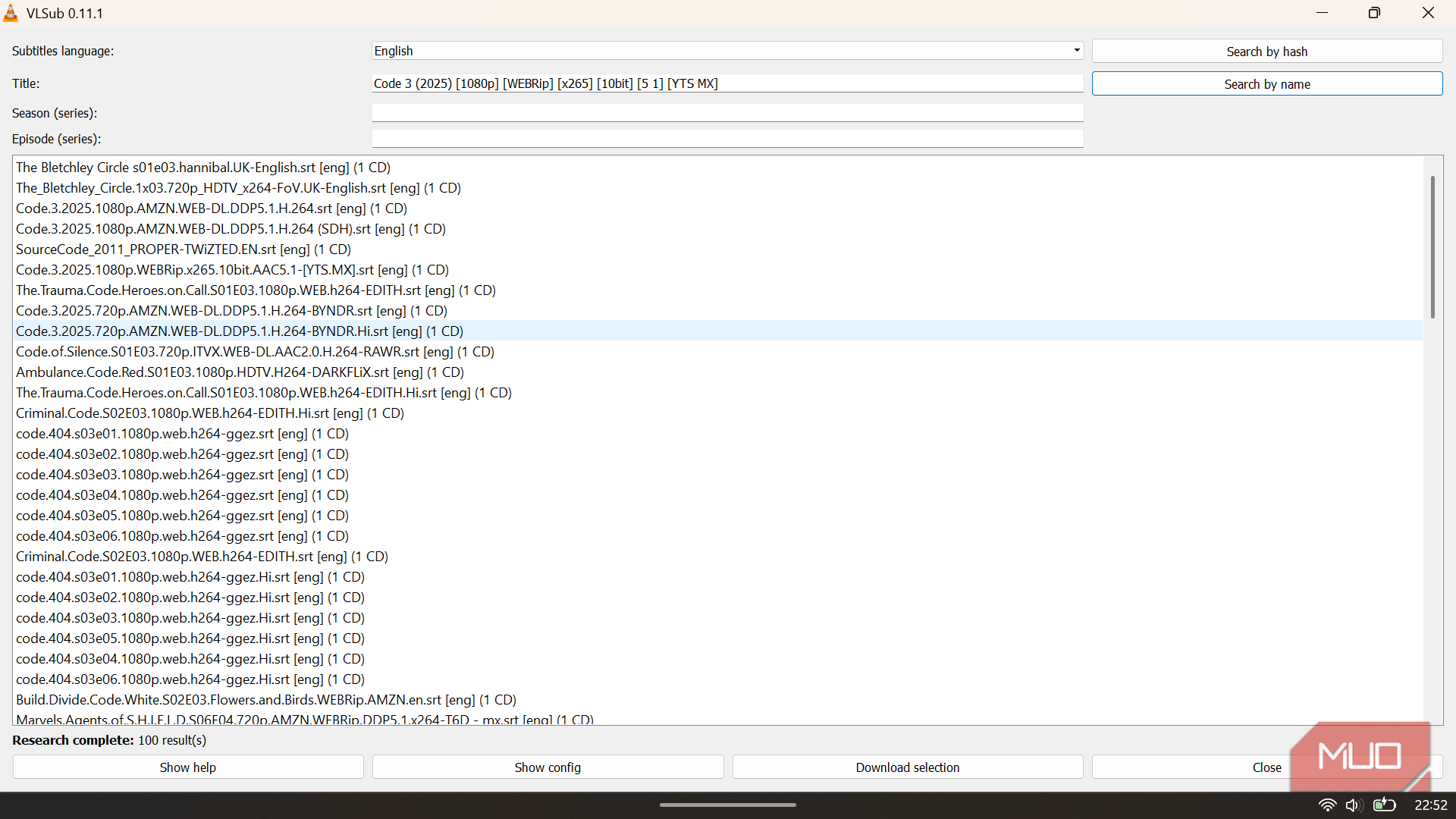 VLSub search results list showing available subtitle downloads for the current video.