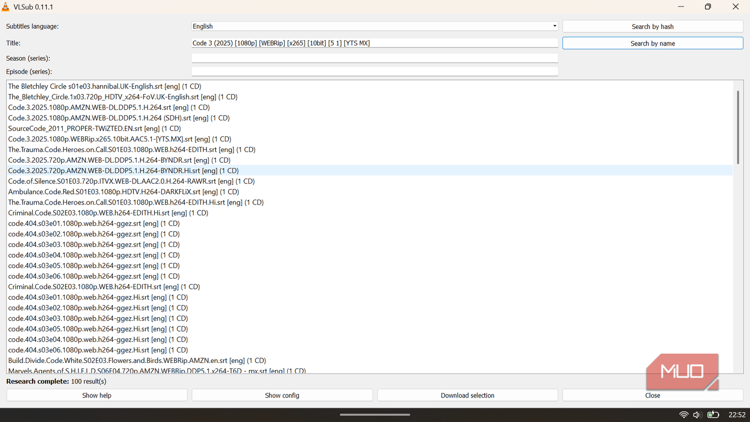 VLSub search results list showing available subtitle downloads for the current video.