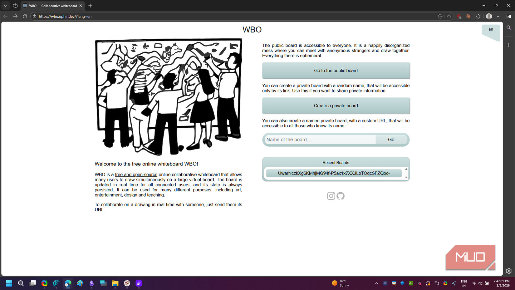 WBO whiteboard online home interface