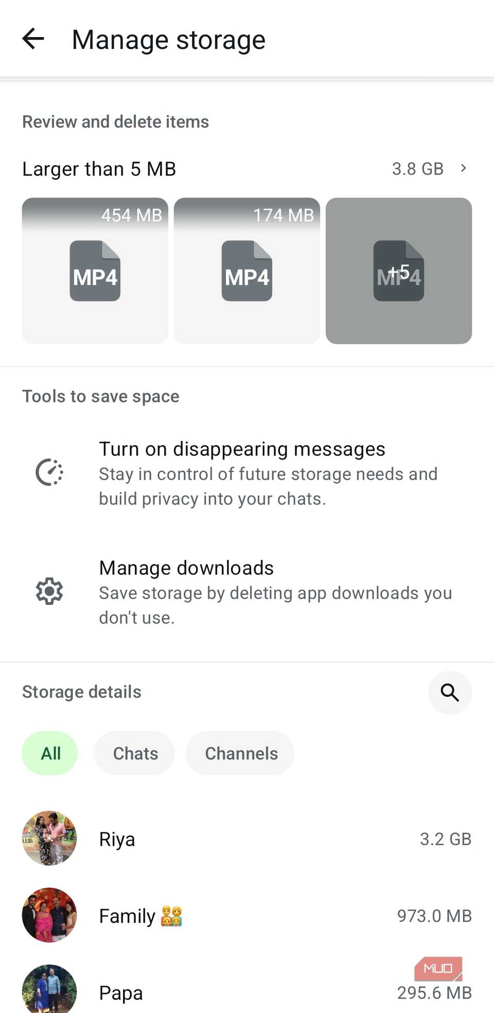 Menú de almacenamiento de chats de WhatsApp