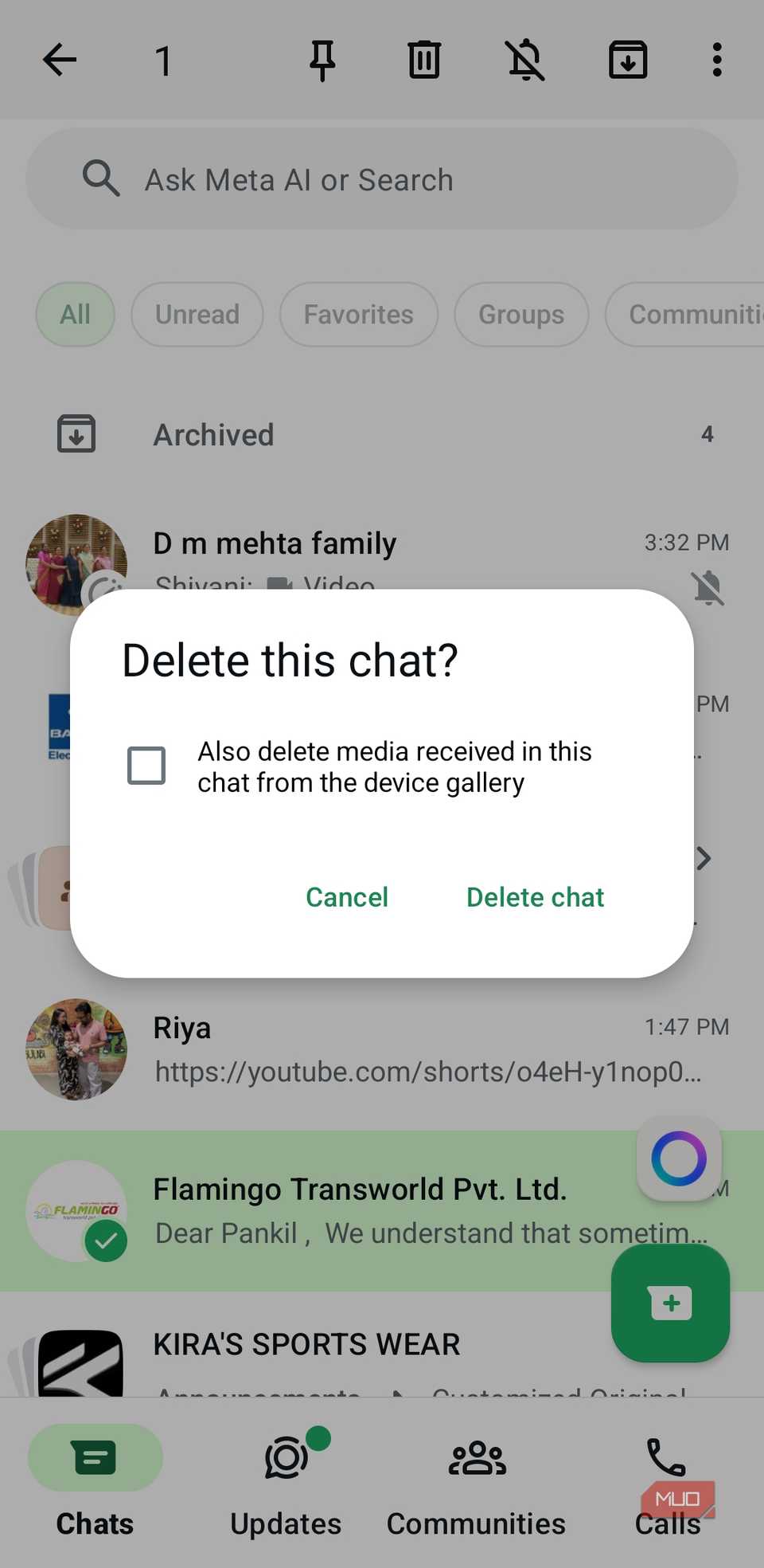 Menú de eliminación de chat de WhatsApp