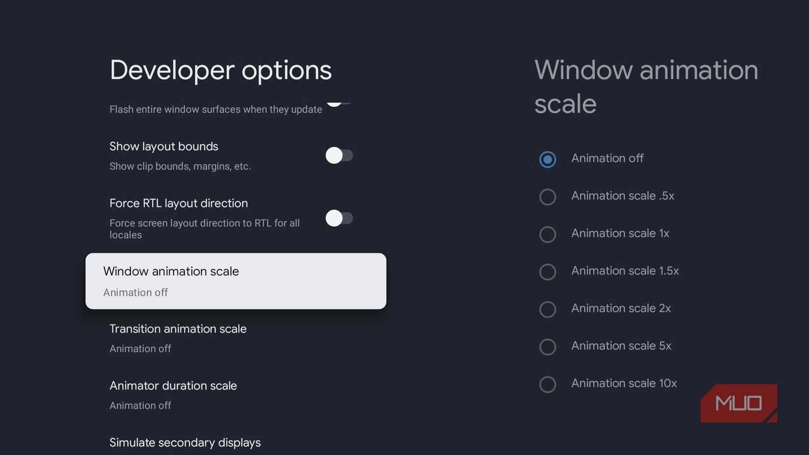 Window animation scale option in Google TV Developer Options