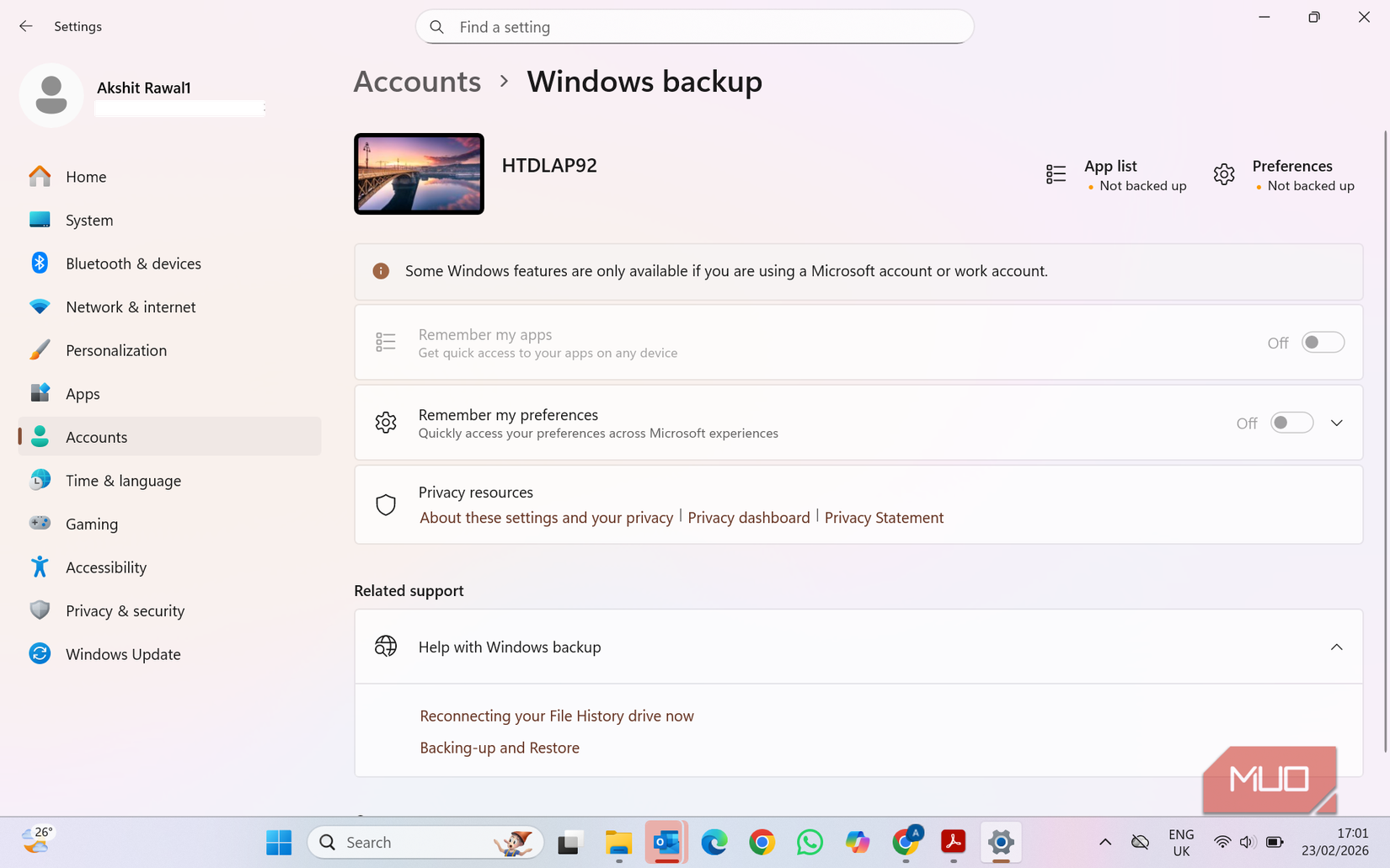 La copia de seguridad de Windows requiere una cuenta personal de Microsoft