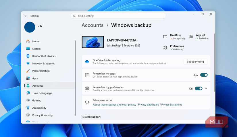 Windows backup menu