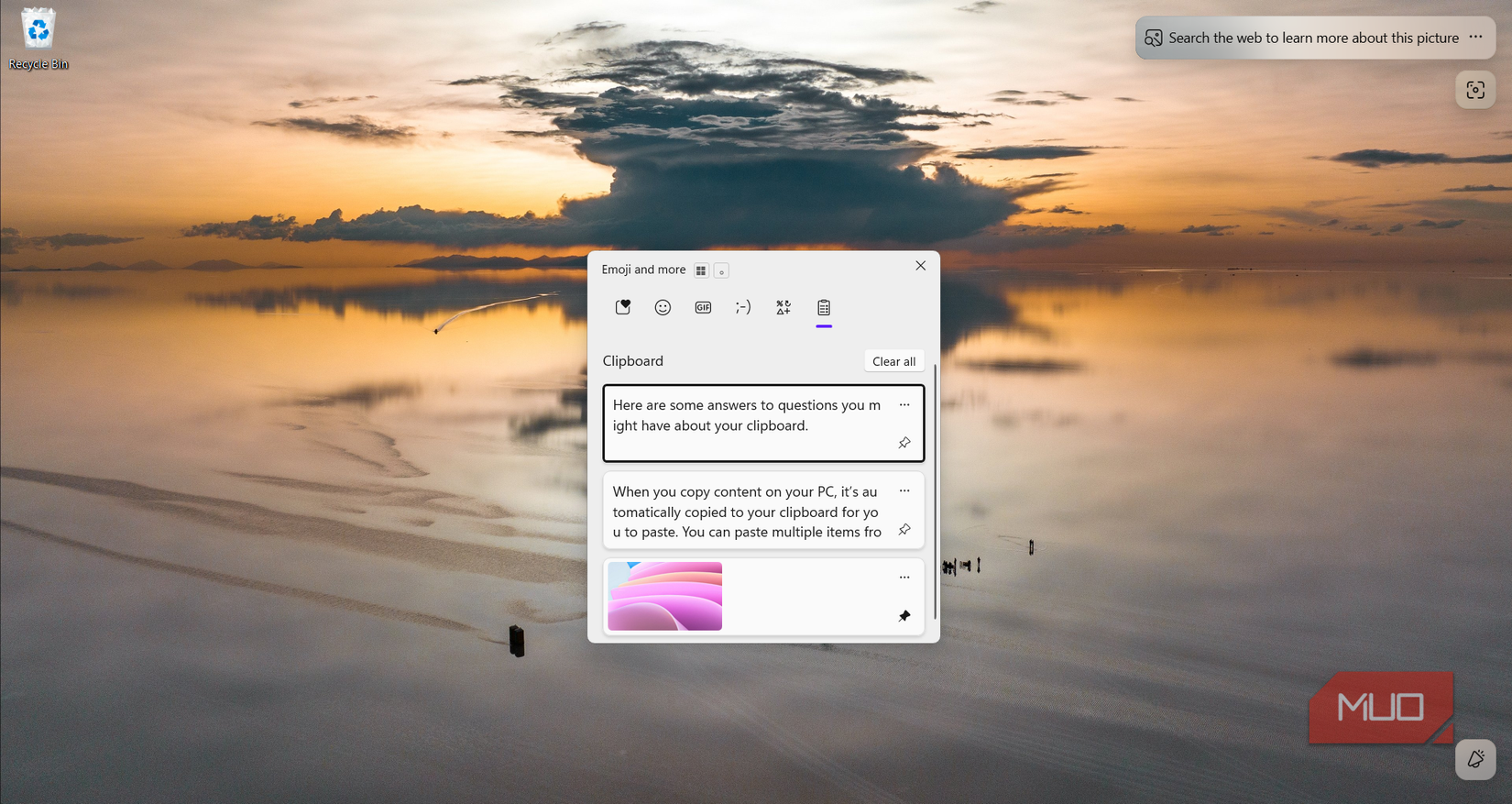 উইন্ডোজ ক্লিপবোর্ড ইতিহাস প্যানেল Win + V দিয়ে খোলা হয়েছে