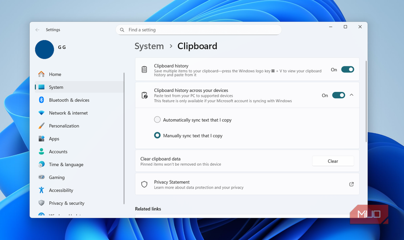 Windows clipboard settings
