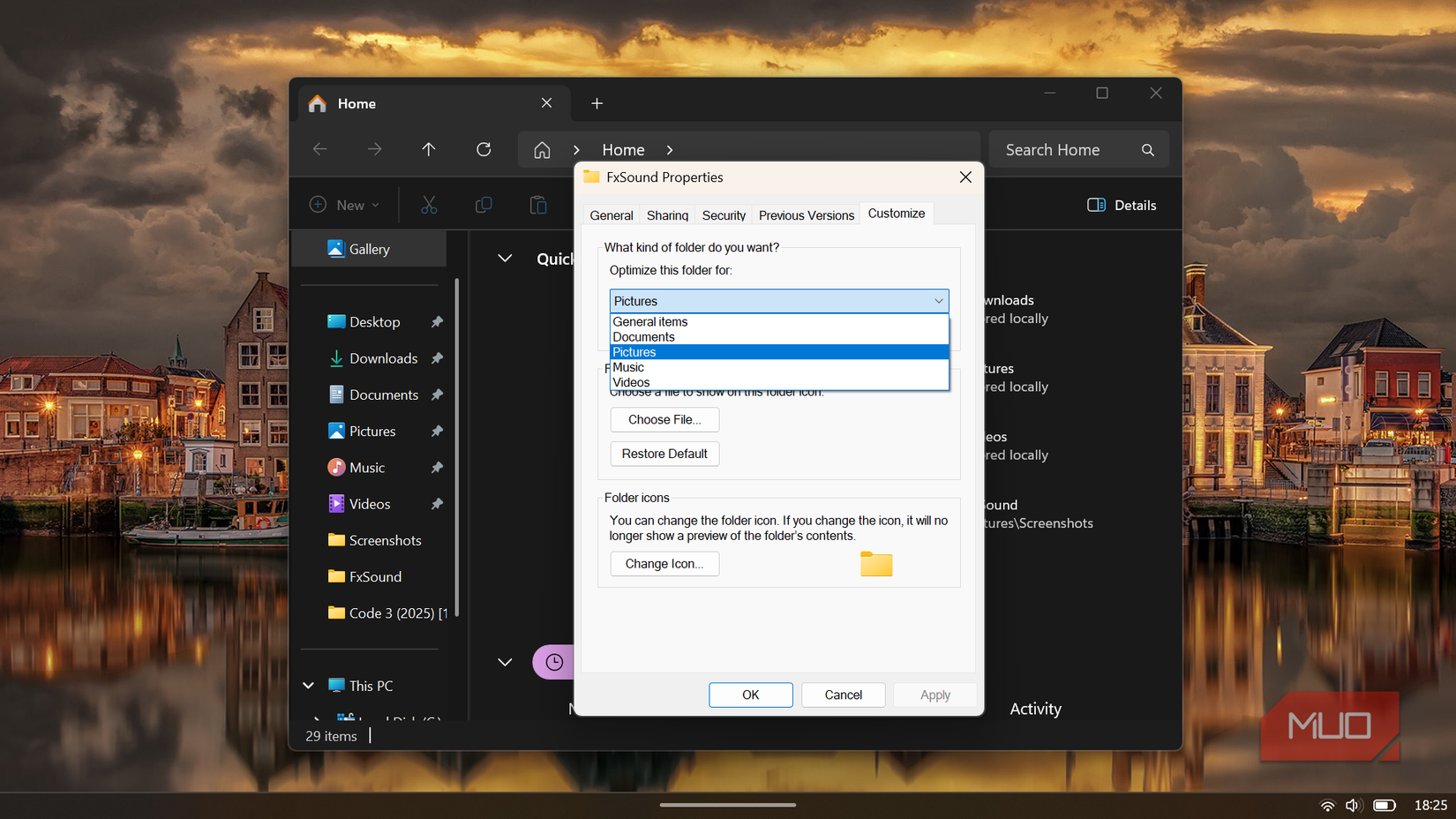 Windows folder properties window displaying the Customize tab with the Optimize this folder for dropdown.