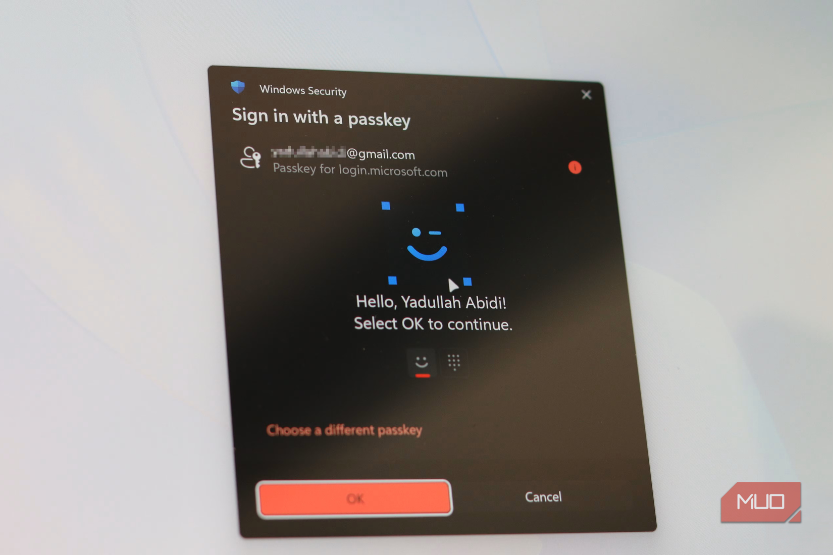 Windows Hello passkey prompt on Windows 11