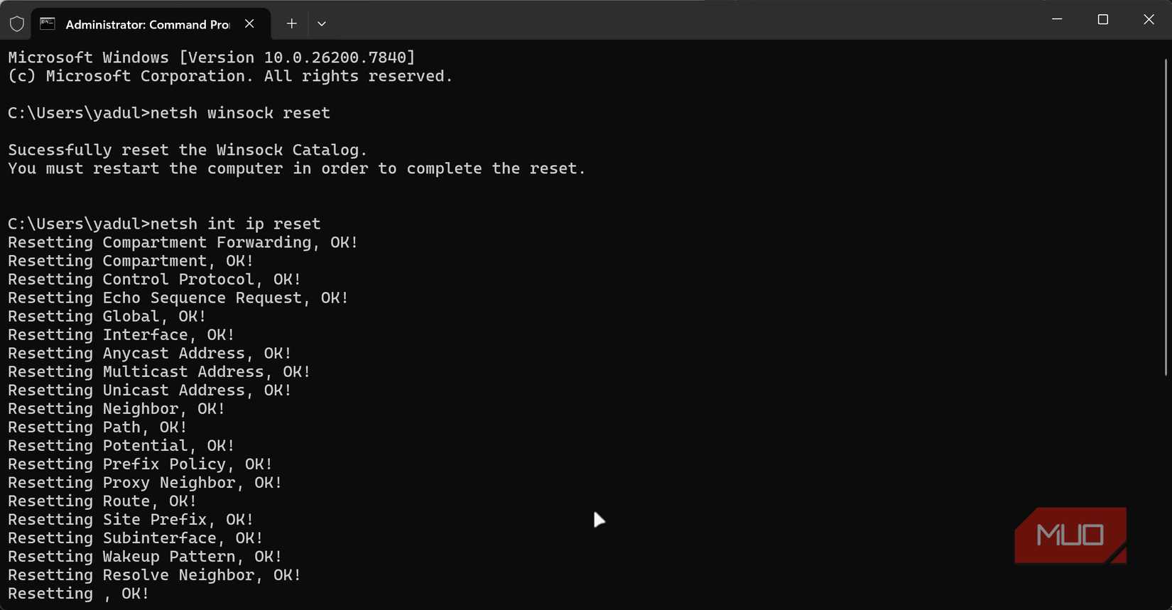 Windows network API reset commands.