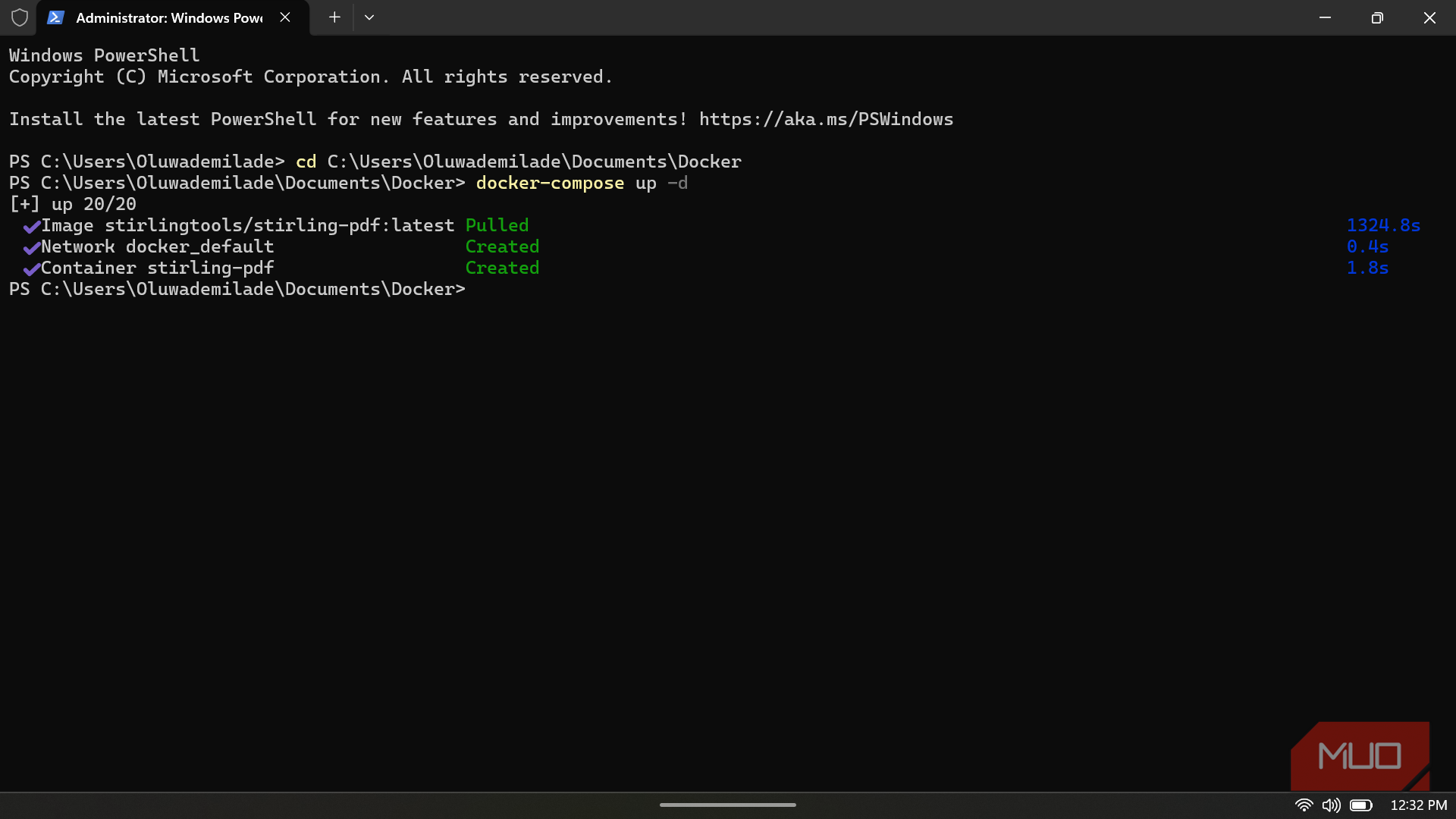 Windows PowerShell window showing the successful execution of a docker-compose up -d command.
