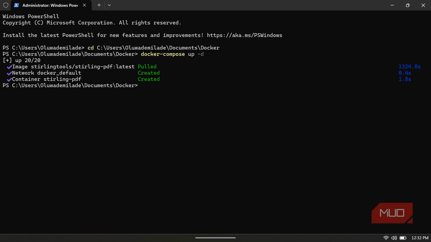 Windows PowerShell window showing the successful execution of a docker-compose up -d command.