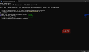 Windows PowerShell window showing the successful execution of a docker-compose up -d command.
