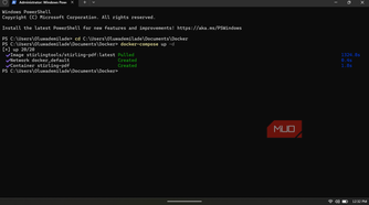 Windows PowerShell window showing the successful execution of a docker-compose up -d command.