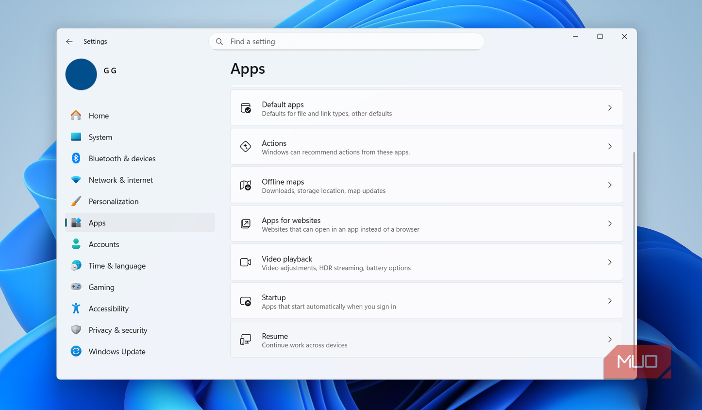 Windows Resume feature settings