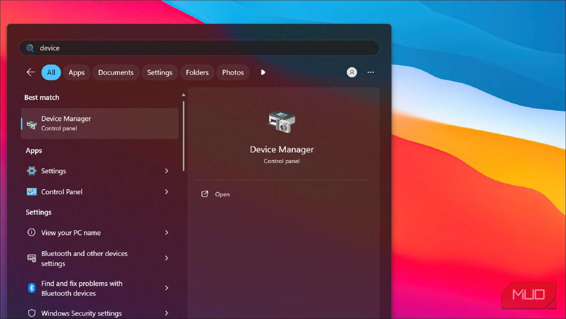 Windows search with Device Manager in result
