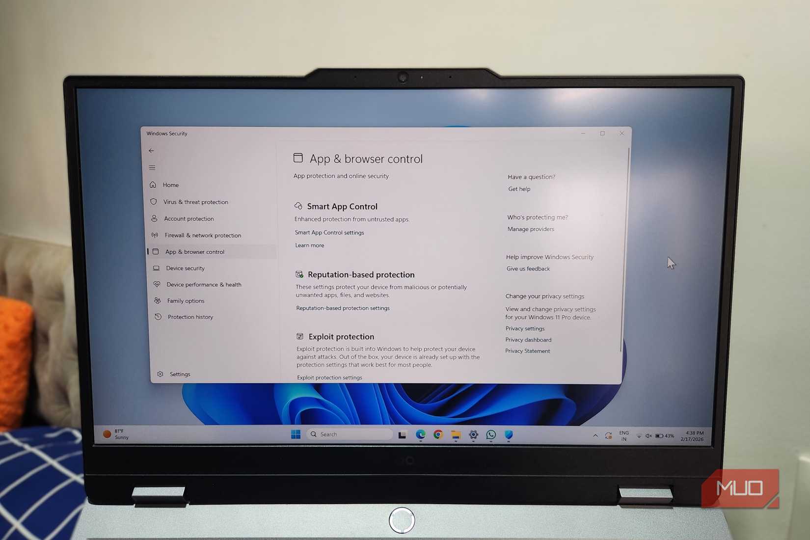 Windows Security app on laptop