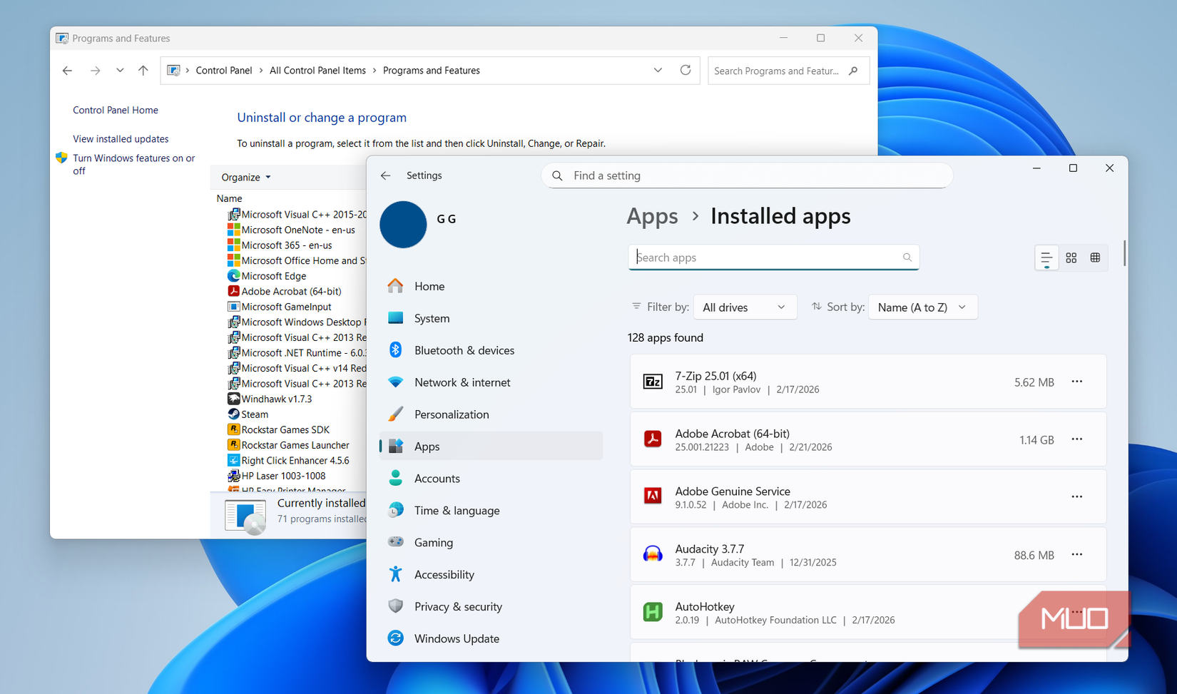 Windows Settings app and Control Panel