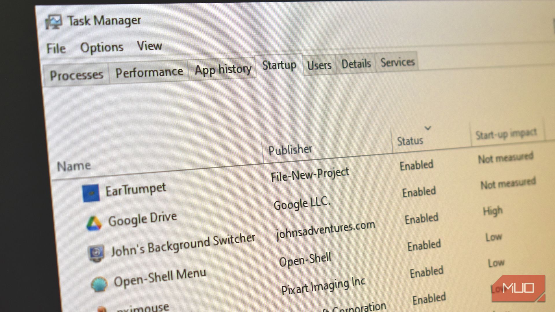 windows task manager startup tab.