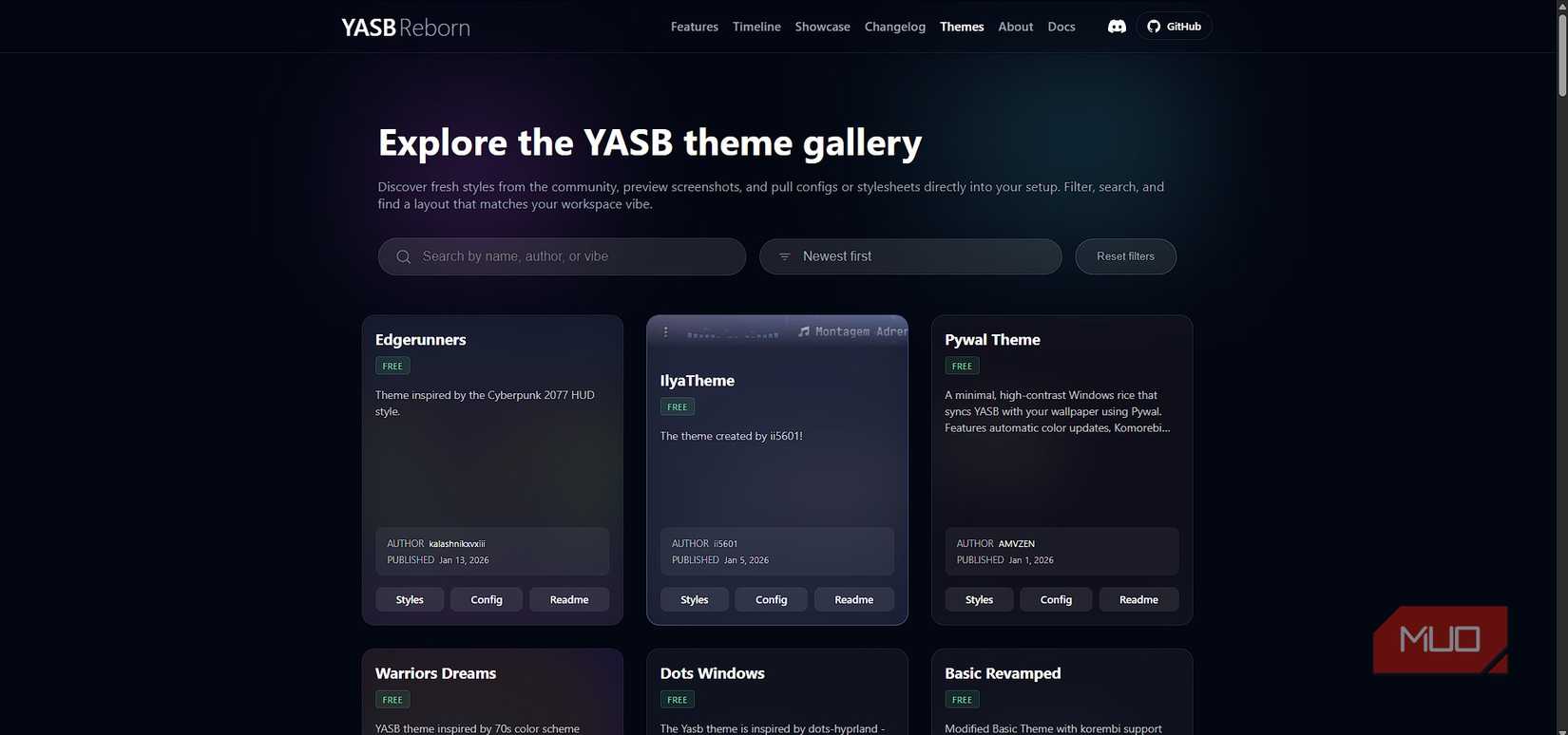 YASB ওয়েবসাইটে YASB থিম গ্যালারি