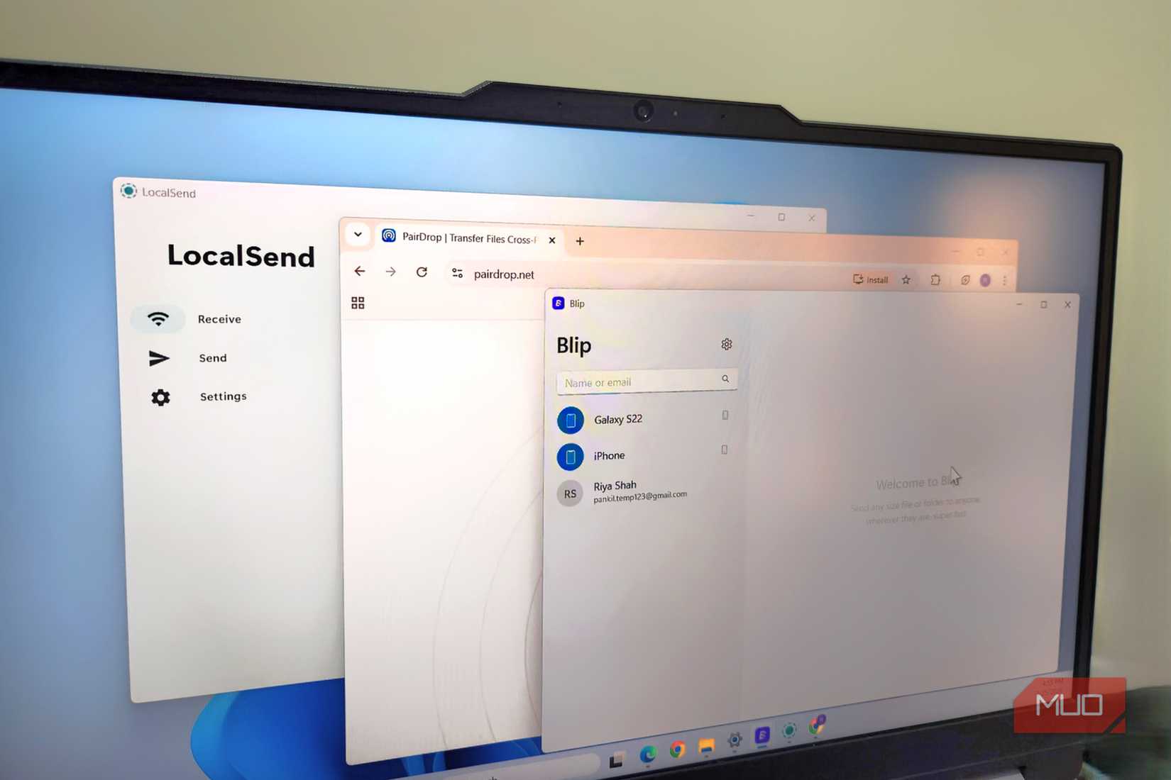 A laptop showing LocalSend PairDrop and Blip
