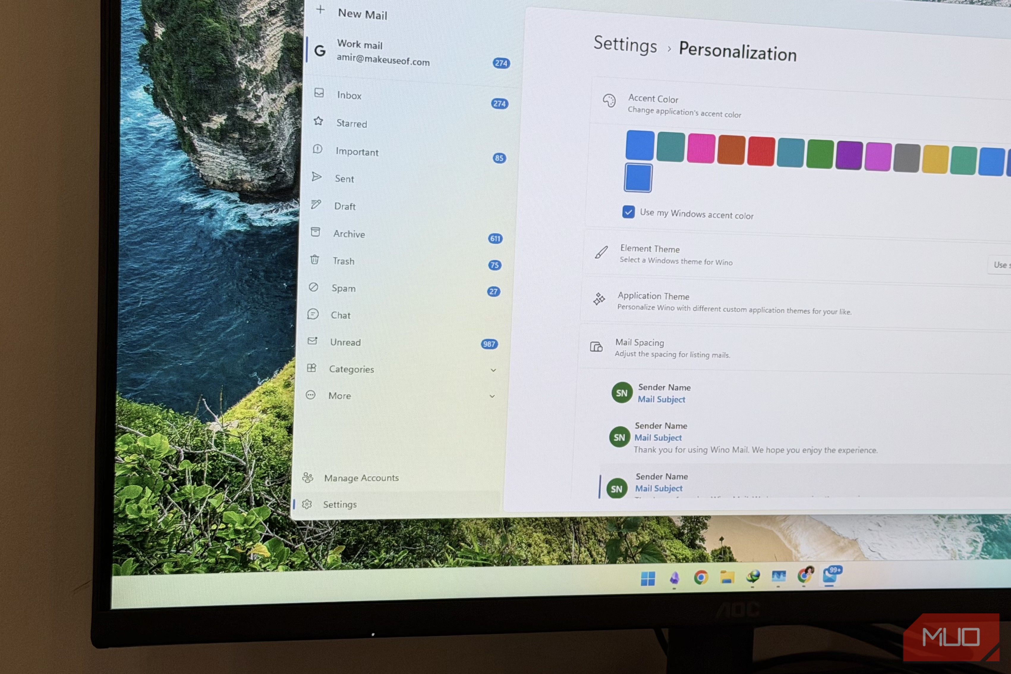 A monitor showing the Wino Mail app on Windows 11