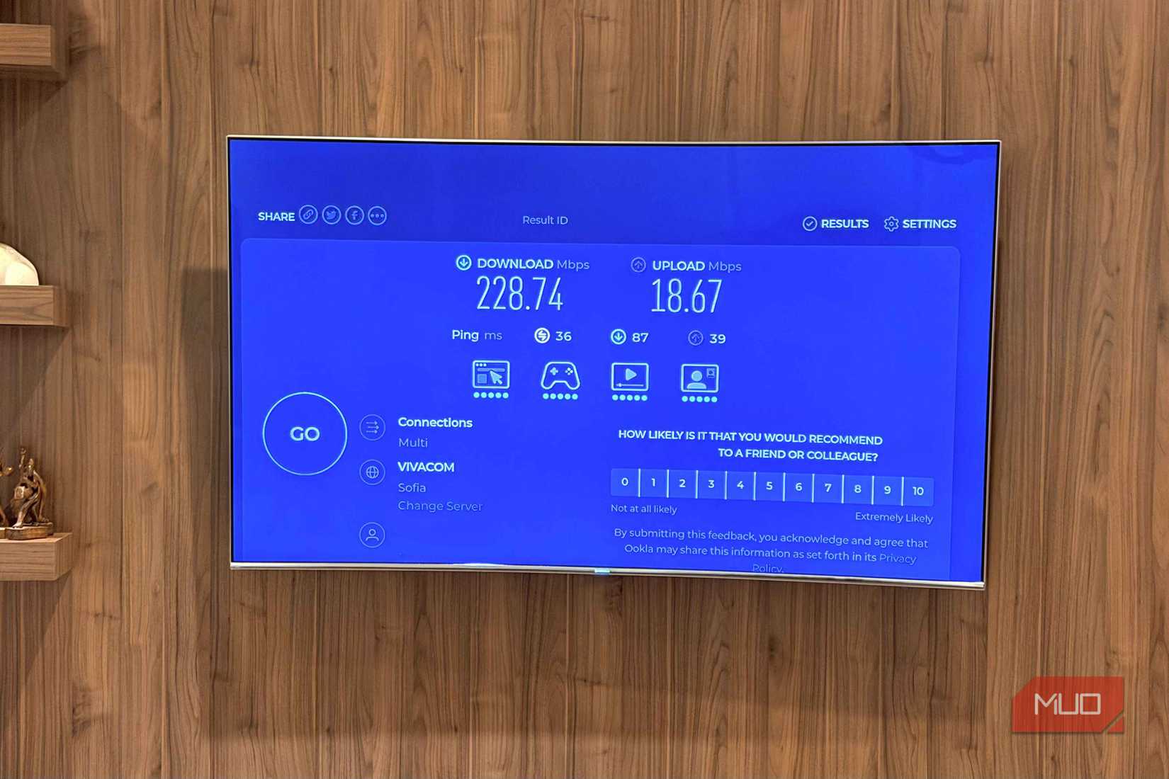 A Samsung TV showing the results of an internet speed test