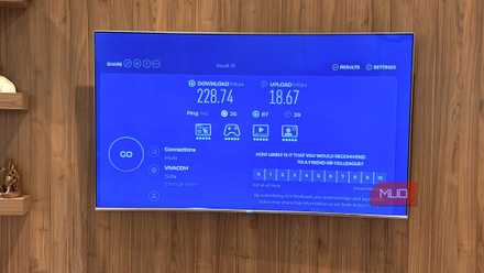 A Samsung TV showing the results of an internet speed test