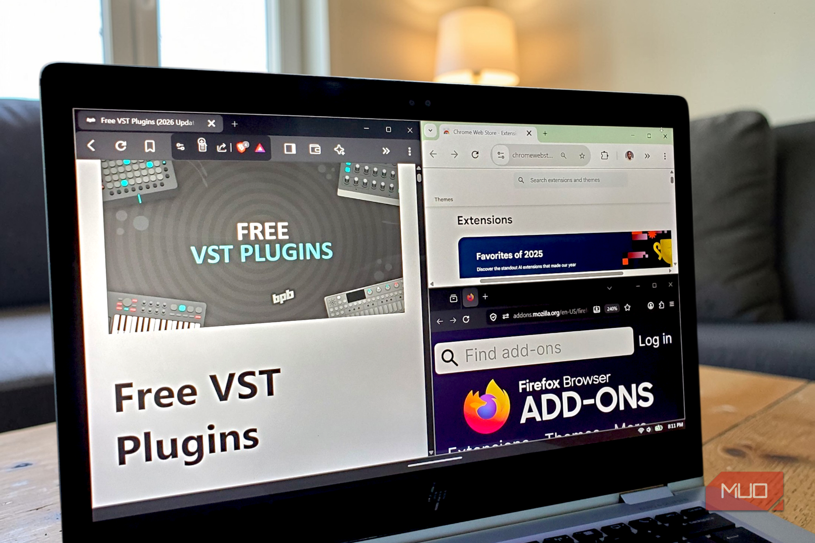 A split-screen layout of VST plugins, Chrome Web Store, and Firefox Add-ons pages.