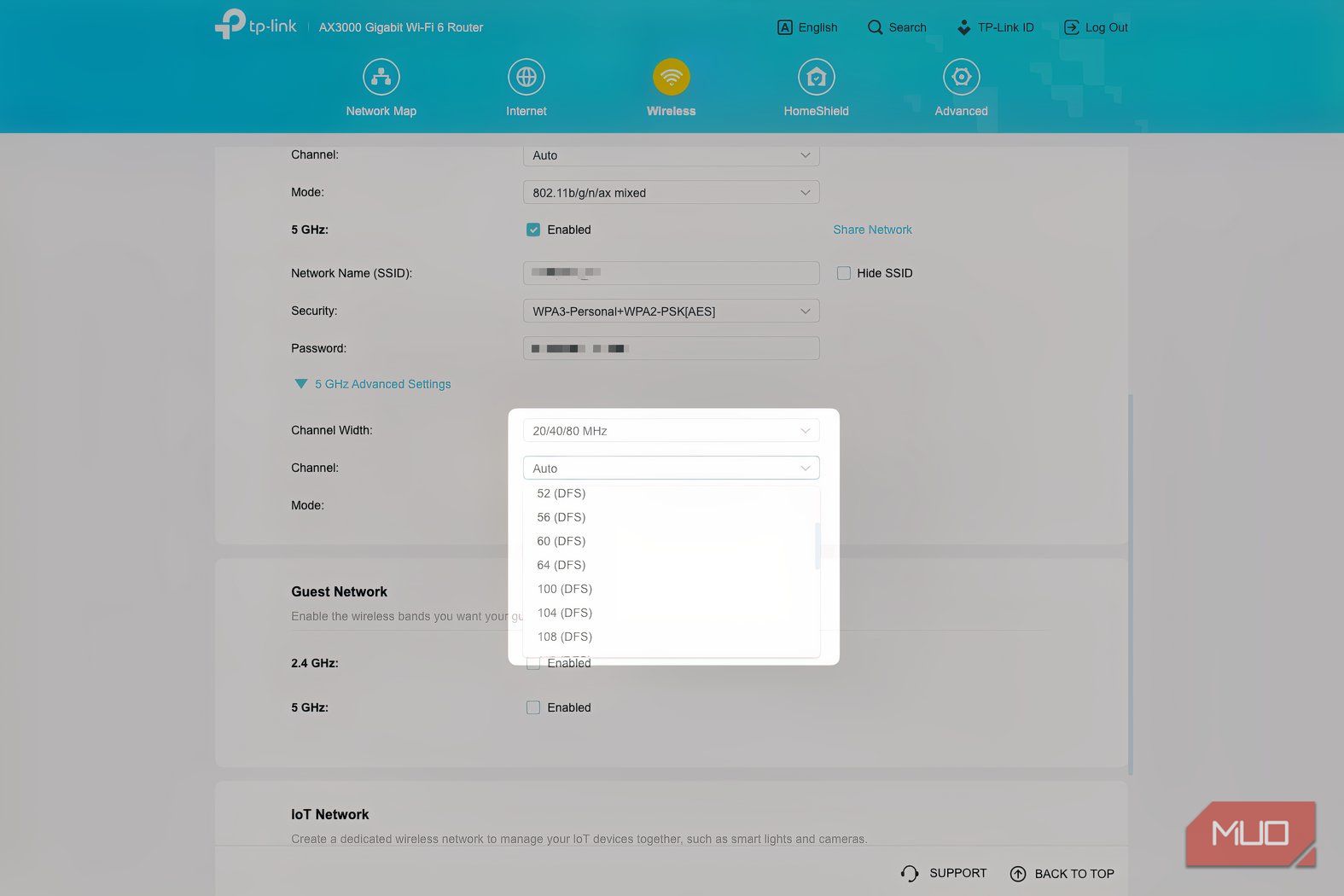 A Wi-Fi router's dashboard showing options for Wi-Fi channel selection