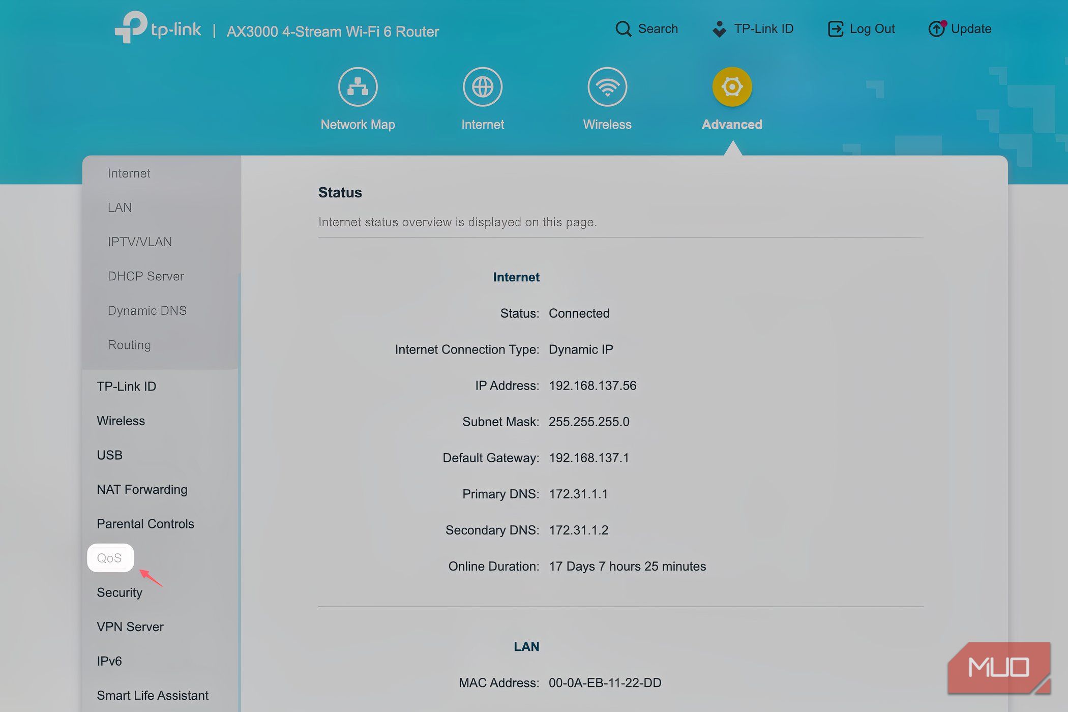 Advanced settings page of a TP-Link router showing QoS highlighted