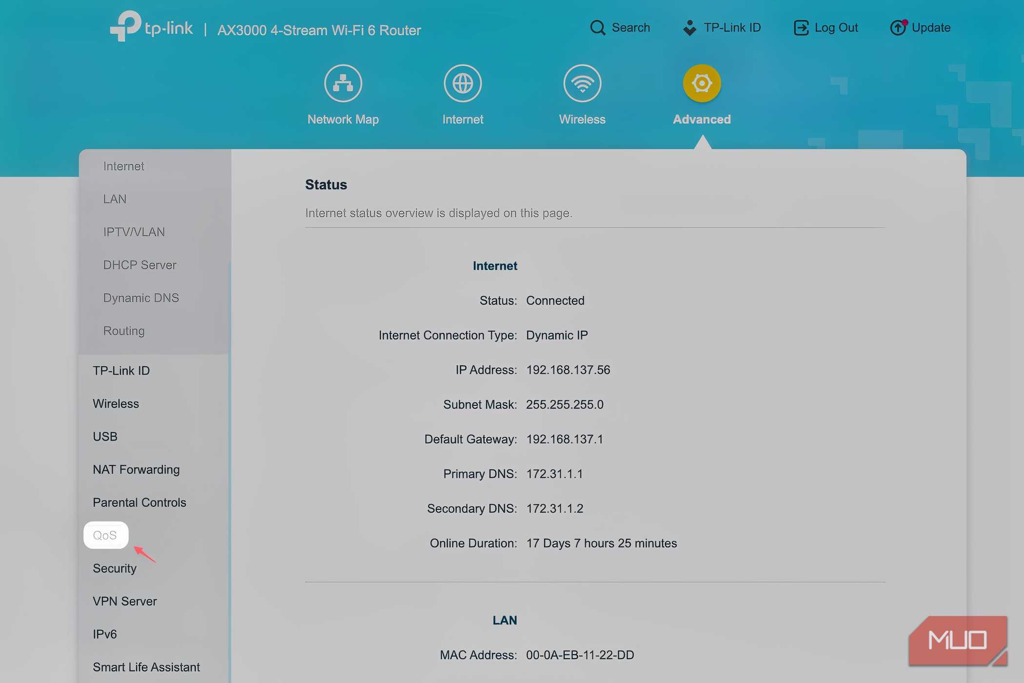 Advanced settings page of a TP-Link router showing QoS highlighted