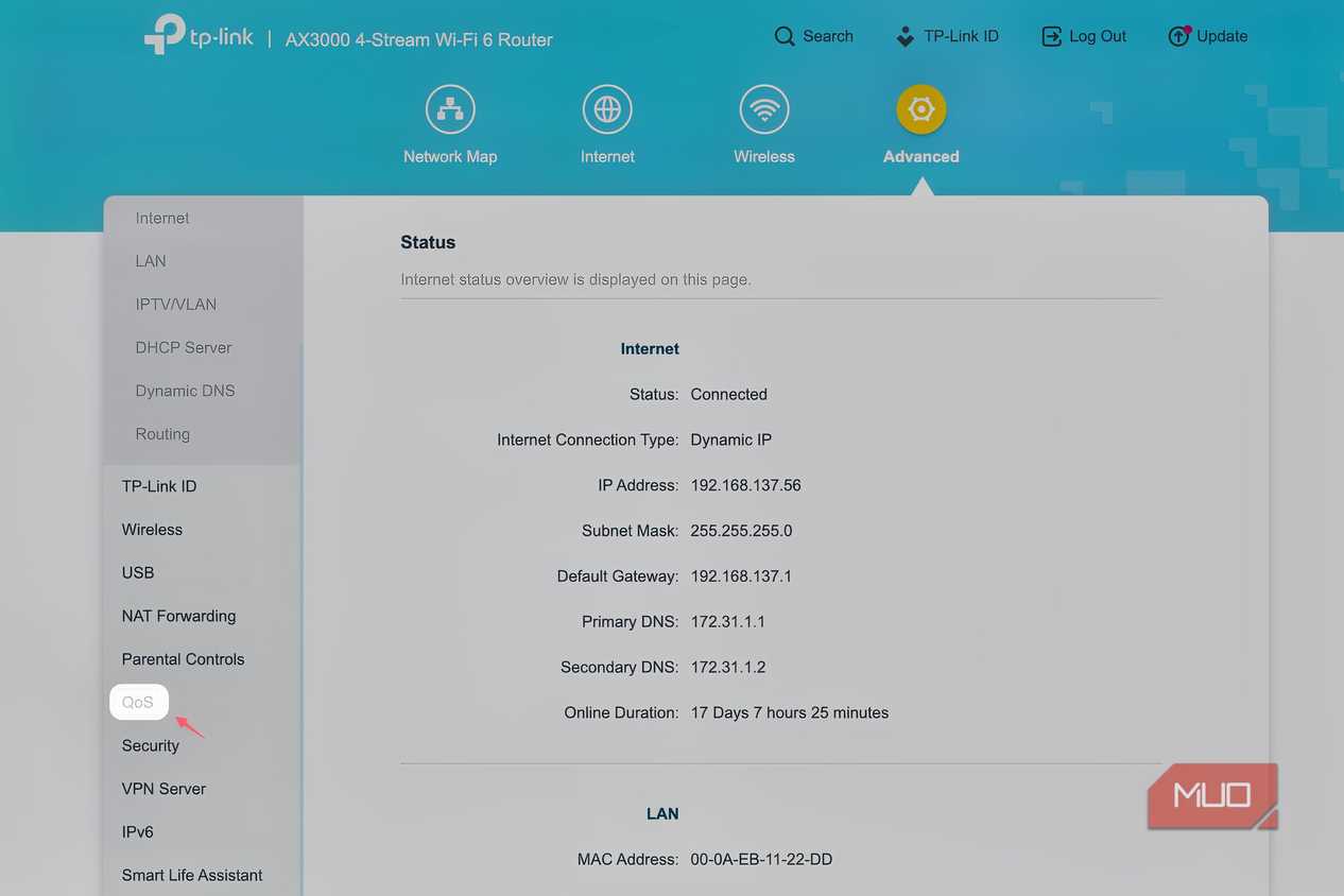 Advanced settings page of a TP-Link router showing QoS highlighted