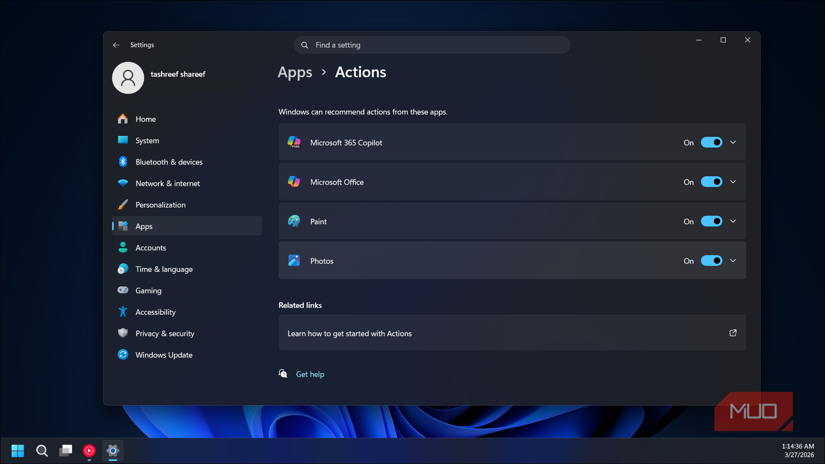 AI Action in Windows 11 Settings
