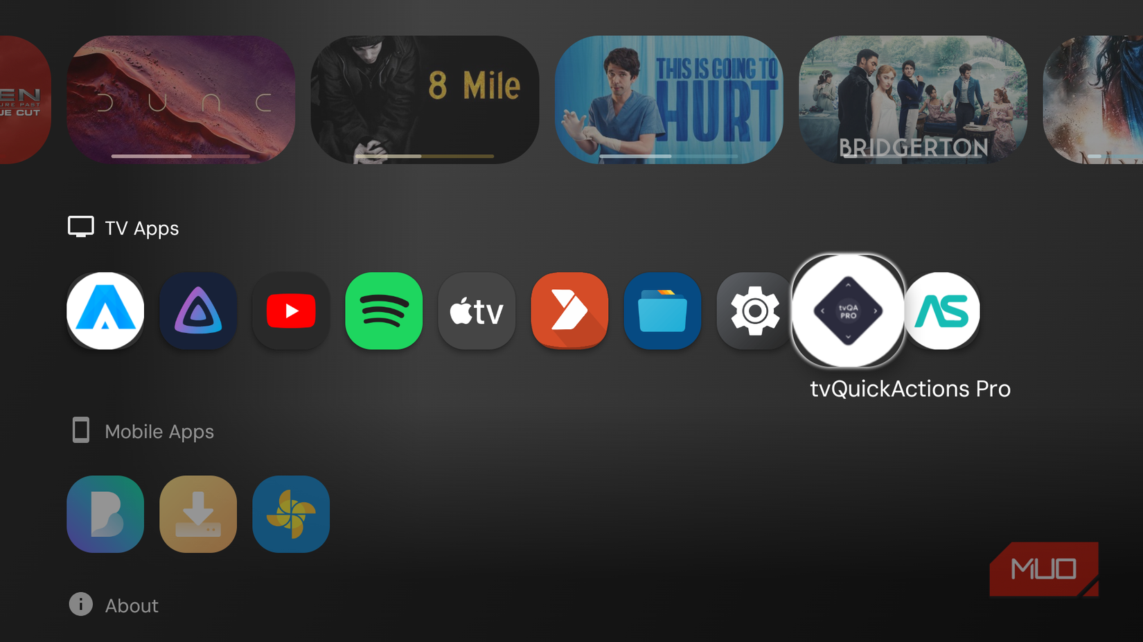 Android TV TV Apps row with TVQuickActions Pro highlighted