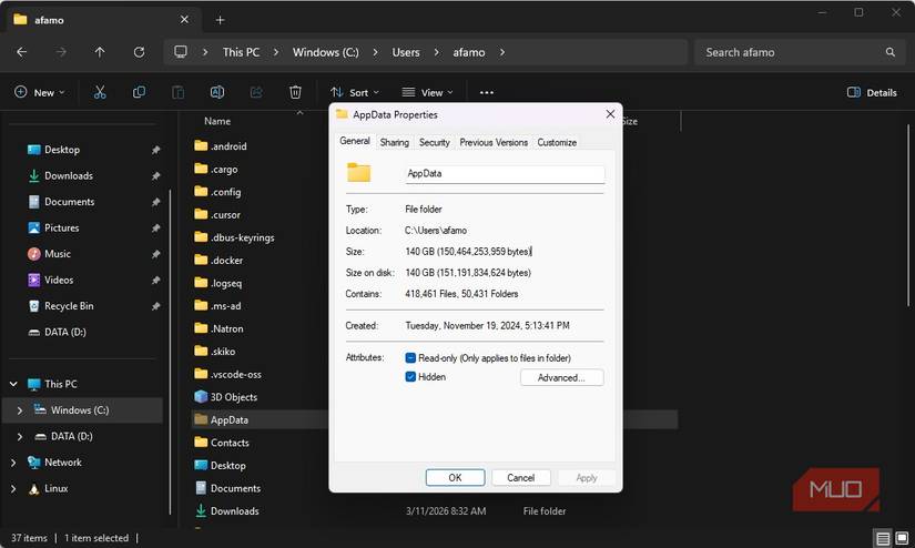 Tamaño de la carpeta AppData