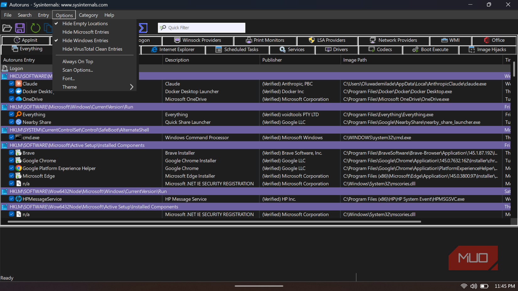 Autoruns application window with the Options menu open.
