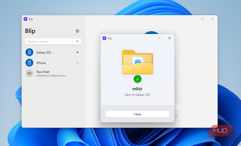 Blip app showing folder sent alert