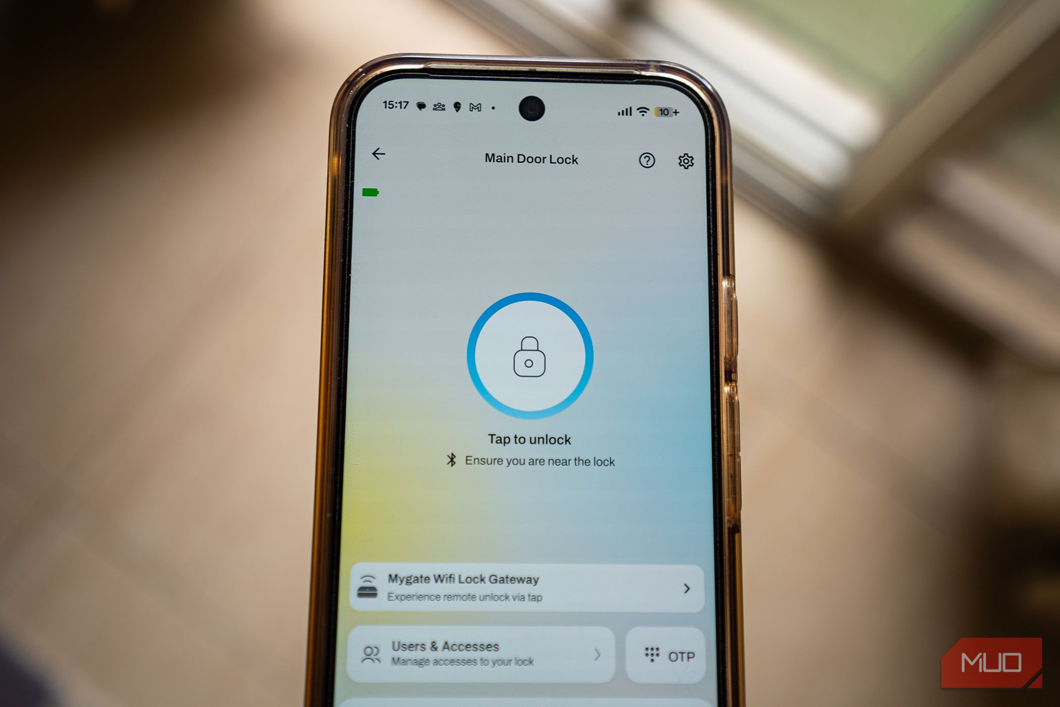 Bluetooth unlock button on the companion app of a smart door lock