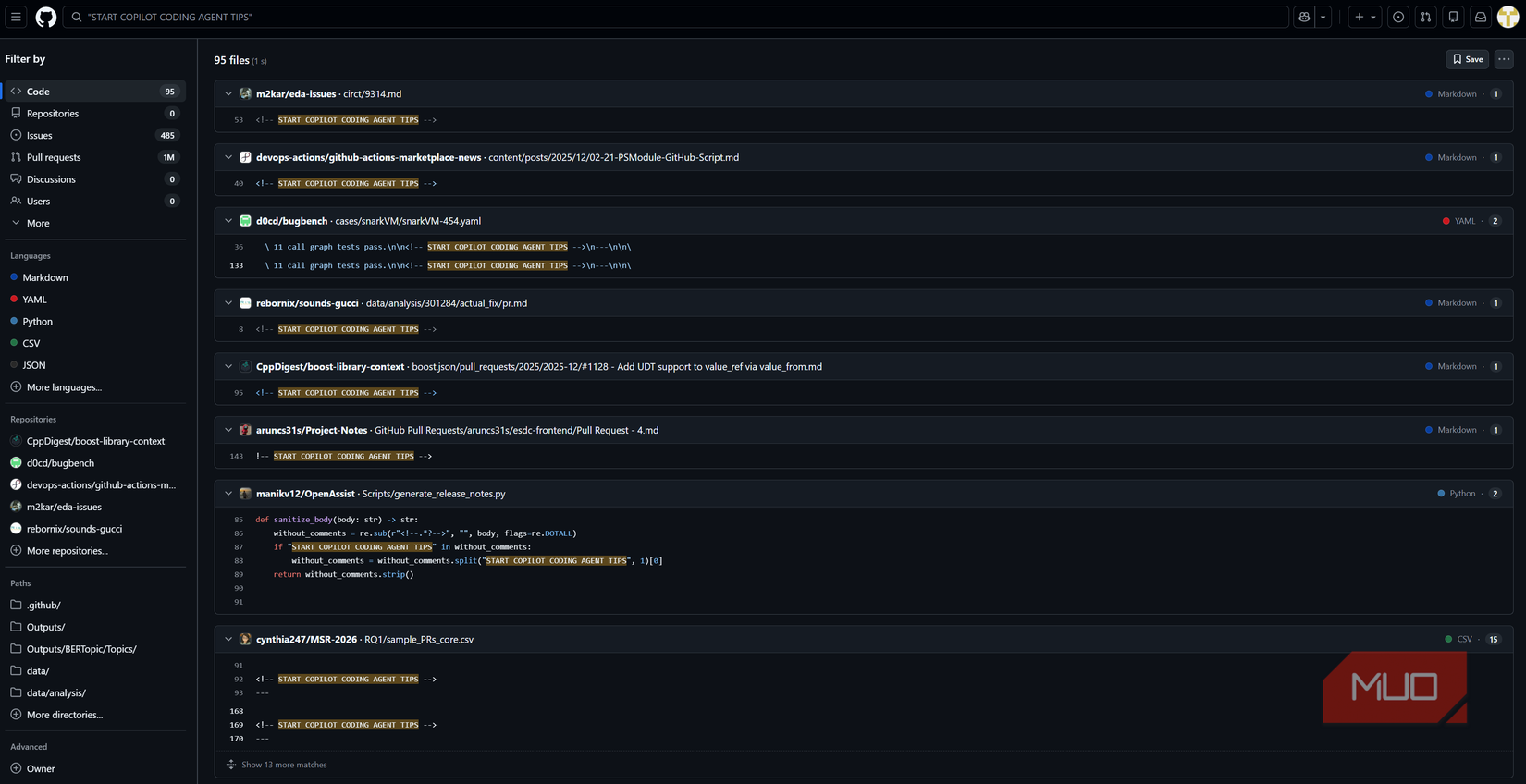 Github search results showing how many pulls the Copilot advertisement has been added to