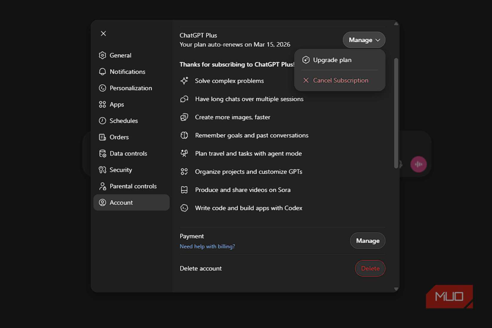 The cancel subscription screen in ChatGPT settings.