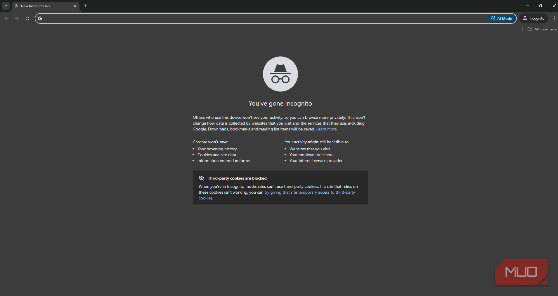 Windows Chrome showing the incognito mode disclosure
