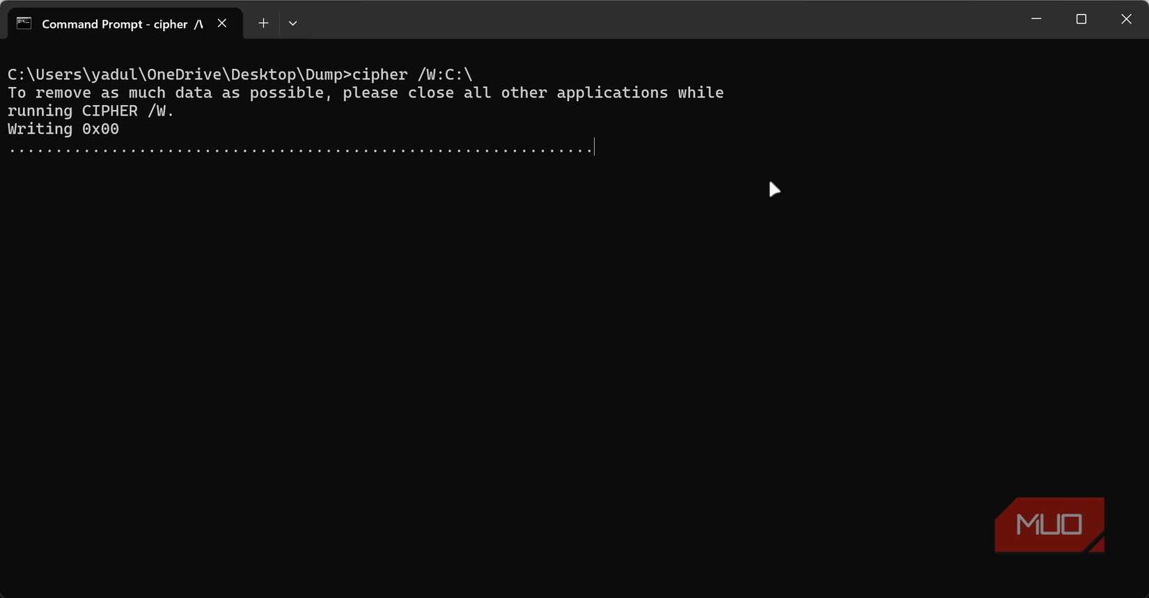 Cipher command running in Windows terminal.