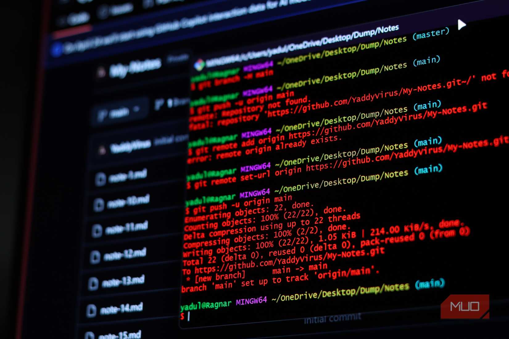 Close up of GIt pushing files to notes repository on GitHub.