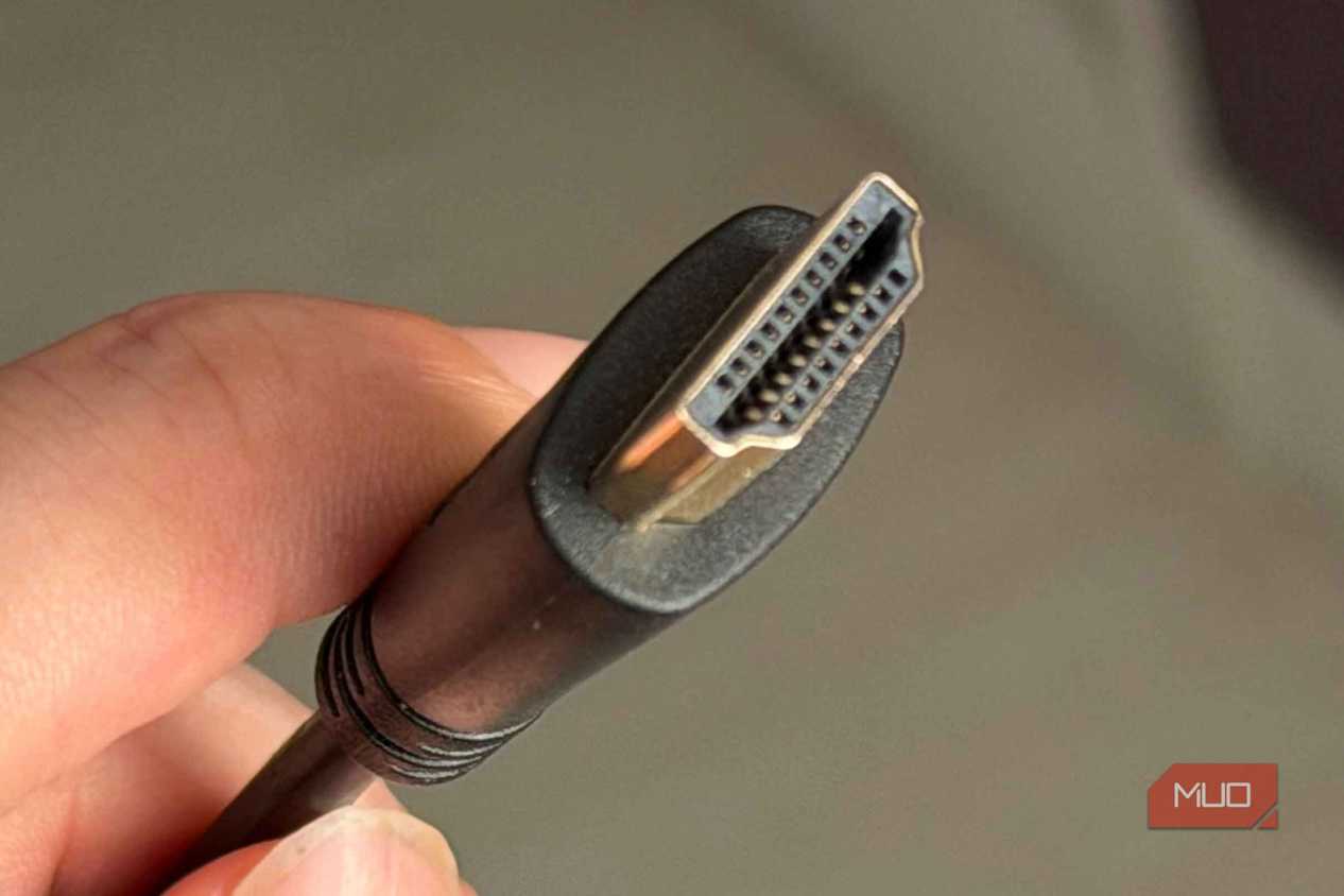 Close up shot of an HDMI connector showing the pins