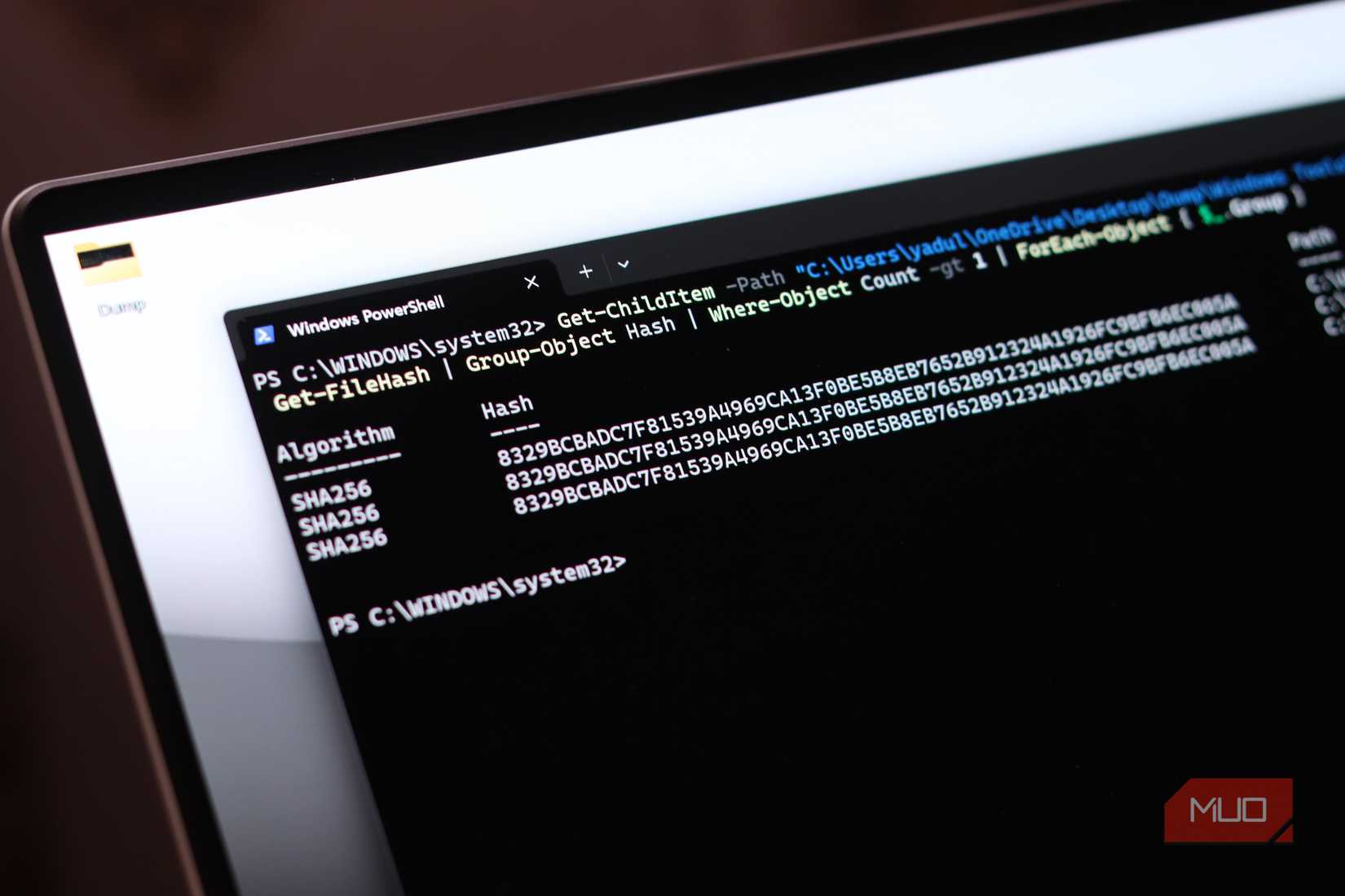 Closeup view of PowerShell file duplicate finding command with result.