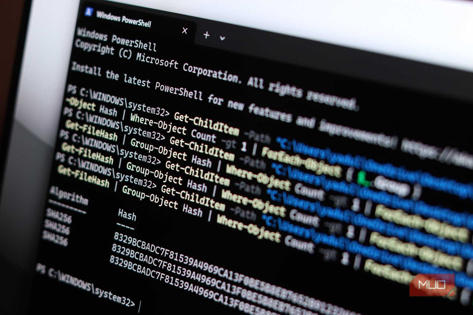 Closeup view of PowerShell with terminal command and result.