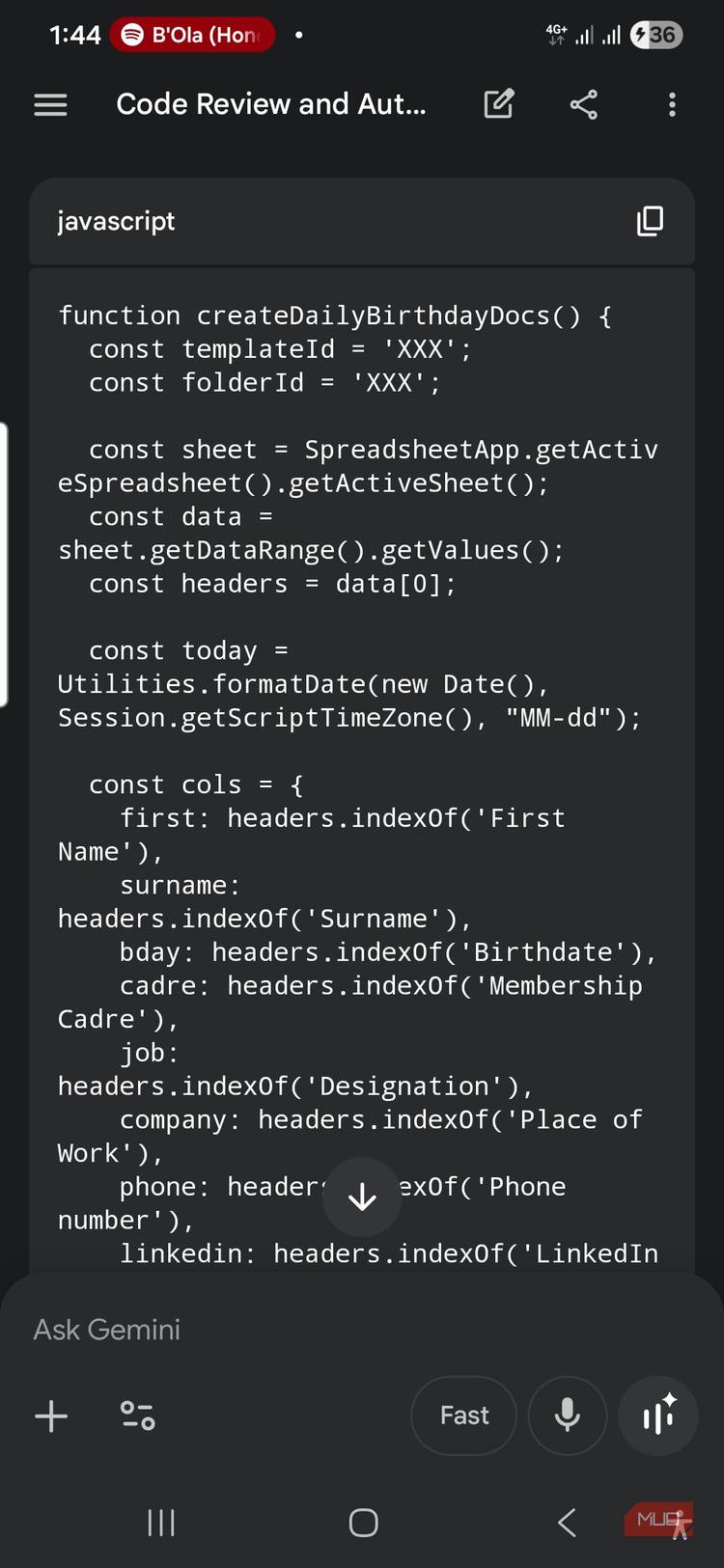 The code generated by Google Gemini is displayed on mobile device 1.