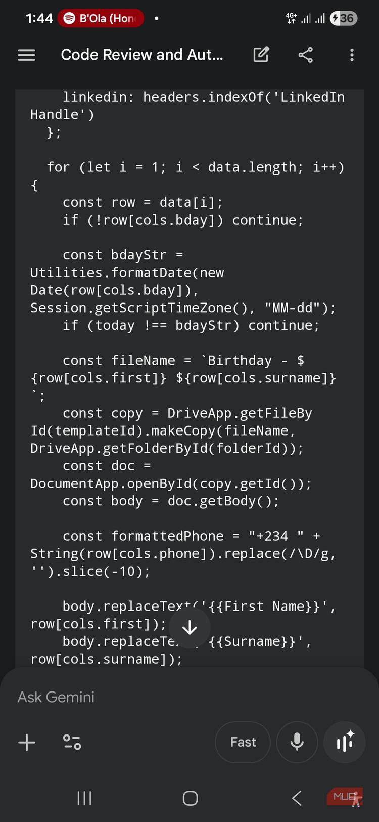 Code generated by Google Gemini appears on mobile device 2.